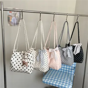 Bolso de hombro de lunares estilo coreano, bolso tote grande con lazo y correa trenzada