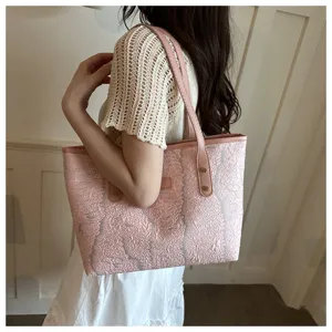 Pink textured tote bag shoulder handbag daily casual commute stylish roomy accessory design