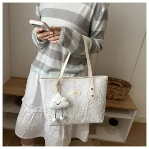White tote bag for women large capacity shoulder bag casual handbag with cute cloud pendant
