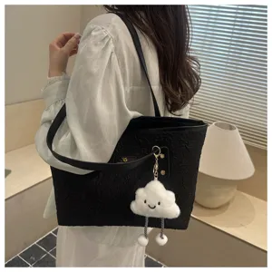 Black pleated tote bag with cute cloud pendant, casual shoulder and handbag for daily use.