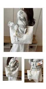 White textured tote bag with cute cloud charm, large capacity casual commuting shoulder bag.
