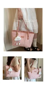 Detailed view of the stylish pink tote bag with cloud charm, spacious and chic for daily use.