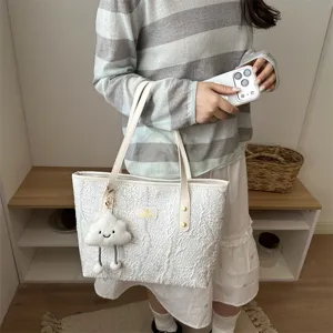 Stylish casual tote bag for women, large capacity minimalist shoulder bag with cute plush decor.