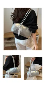 Bolso de hombro plateado metalizado con colgante de lazo de encaje de perlas, bolso baguette.