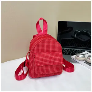 Red plaid mini backpack for women, cute casual campus school daypack with front pocket.