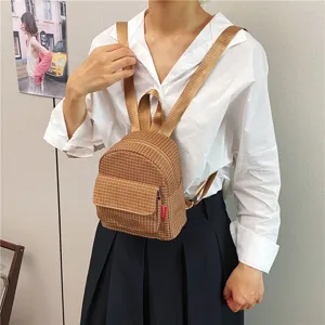 Casual brown plaid small backpack for women and girls, stylish daily mini double shoulder bag.