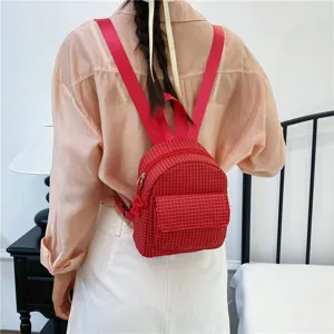 Casual small red plaid backpack for women, cute sweet style daypack, back view main image.