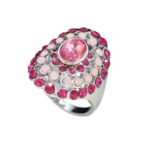 Statement pink crystal cocktail ring for women, ornate silver-tone filigree party jewelry