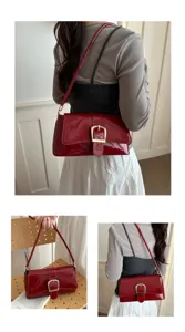 Vintage patent leather shoulder bag for women elegant wine red crossbody purse with metal buckle
