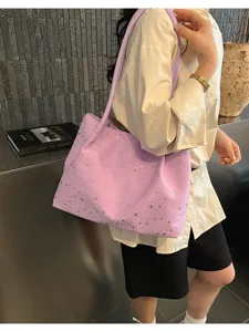 Stylish lavender star-print canvas tote bag, large capacity shoulder bag for daily wear.
