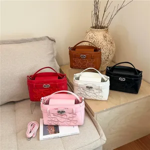 Women's Stylish Artificial Leather Top Handle Crossbody Bag Quilted Heart Embroidery Luxury Designer Style Handbag