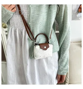 Mini canvas crossbody shoulder bag with brown leather flap and cute star pattern for daily use.