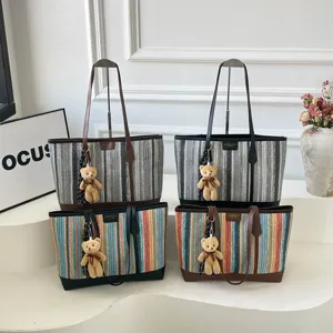Large Capacity Straw Woven Tote Bag Women Fashion Striped Shoulder Bag Summer Casual Beach Handbag With Bear Pendant