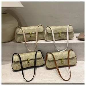 Woven straw shoulder bag with metal lock, chic underarm bag detail showing four color options.