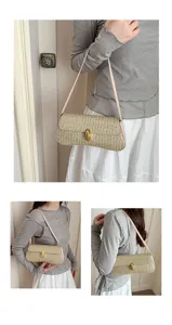 Woven straw shoulder bag for women, chic pink strap underarm bag with gold lock detail, detail view