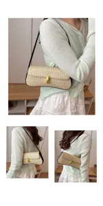 Straw woven shoulder bag detail showcasing exquisite texture, metal lock closure and strap.