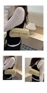 Woven shoulder bag for women, stylish straw baguette bag with metallic lock closure.