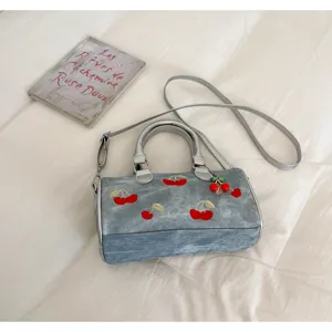 Denim cherry embroidery boston bag, stylish crossbody handbag with top handles and cute charm.