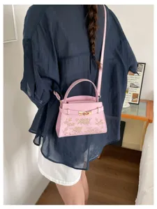 Pink women handbag floral embroidery crossbody bag stylish top handle purse for ladies