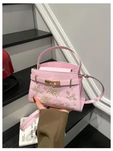 Pink women's handbag floral embroidered shoulder bag PU leather elegant satchel purse