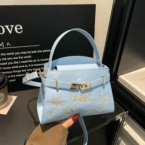 Womens PU Leather Top Handle Crossbody Bag Fashion Floral Embroidered Designer Style Satchel Handbag Wedding Purse
