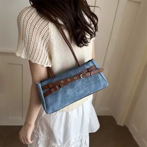 Sweet denim shoulder bag with contrast brown belt, stylish underarm handbag for women.