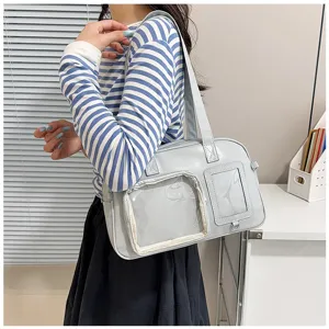 Borsa a tracolla minimalista giapponese tinta unita con tasca trasparente da donna, borsa casual.