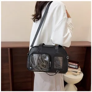 Borsa ita nera in stile giapponese con tasche trasparenti, borsa a tracolla casual donna.