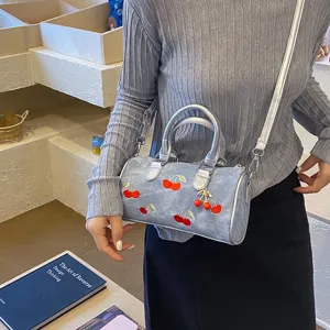 Denim boston bag with cute red cherry embroidery, stylish shoulder crossbody bag for women.