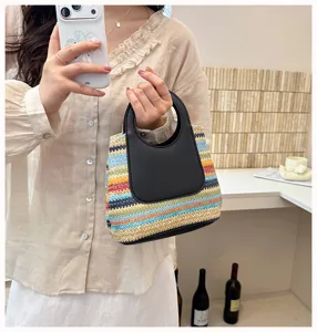 Summer colorful straw woven handbag with black leather handle, chic beach shoulder bag.