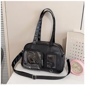 Borsa a tracolla itabag trasparente in pelle PU nera, stile giapponese con multi-tasche.