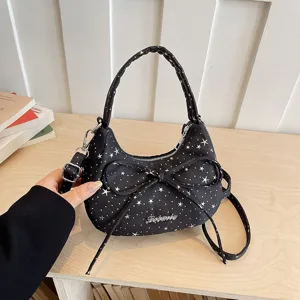 Women Trendy Oxford Fabric Starry Sky Printed Dumpling Bag Chic Bowknot Handbag Versatile Crossbody Mini Purse Shoulder Bag For Daily Use