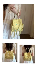 Mochila pequeña informal de lona amarilla para mujer, bolso elegante de estudiante con cuentas lindas.