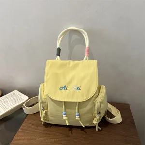 Mochila Casual de Lona para Mujer Bordado de Letras Asa de Cuerda en Contraste Cordón Bolsa Escolar Gran Capacidad Bolsa de Viaje Diario