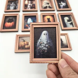 Halloween vintage cadre photo en bois magnet de refrigerateur fantome chat decor.