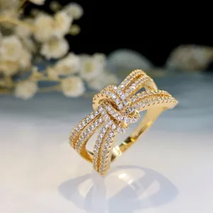 Mode Legering Strass Strik Ring Voor Vrouwen Luxe Meerlaags Kruis Strik Verstelbare Vingerring Gepersonaliseerde Trendy Sieraden Cadeau