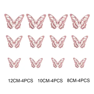 Set de 12 pegatinas de pared de mariposas huecas 3D en oro rosa para la decoración del hogar.