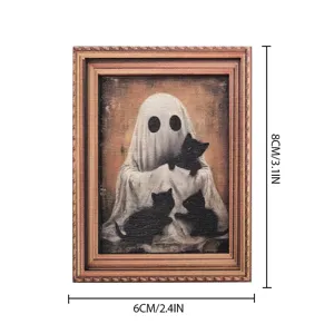Halloween rétro fantôme chat cadre photo aimant de réfrigérateur en bois déco.