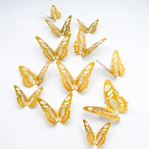 Pegatinas de pared de mariposa hueca dorada 3D, 12 piezas calcomanías de decoración metálica.