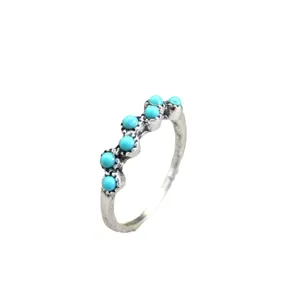 Retro Boheemse zilveren ring ingelegd met meerdere blauwe turkoois kralen voor dagelijks.