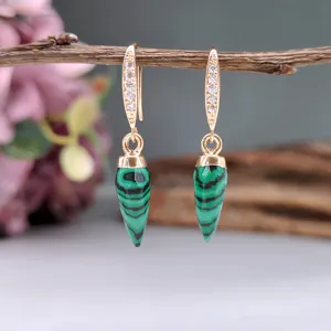 Orecchini Pendenti Vintage Malachite Goccia Placcato Oro Zirconia Eleganti Gioielli Donna