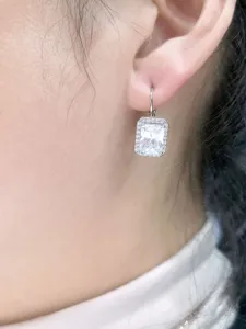 Eleganti orecchini rettangolari in zirconia cubica con monachella, primo piano dettagliato di gioielli.
