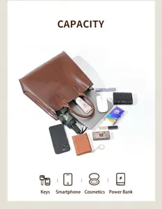 Women large capacity brown leather tote bag stylish casual shoulder handbag for commute.