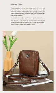 Detailed view of waxed cowhide leather crossbody phone bag, featuring retro metal flower decor.