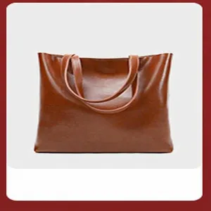Brown leather tote bag for women, retro minimalist shoulder bag for daily commute and autumn use.