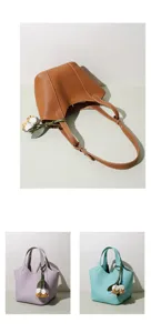 Sac seau décontracté en cuir véritable pour femme, sac panier polyvalent avec charm fleur.