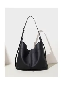 Detailansicht der echten Leder Hobo Eimer Tasche, elegante schwarze Schultertasche Damen.
