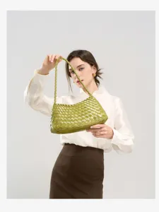 Green woven leather shoulder bag women chic underarm commuter handbag stylish daily wear