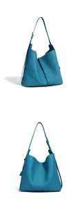 Details der blauen Leder Hobo Beuteltasche, weiches Rindsleder, verstellbarer Schultergurt.