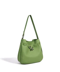 Bolso de hombro de cuero verde de calidad para mujer, elegante bolso saco con cierre metálico.